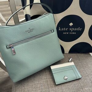 kate spade Mint Green Pebbled Leather Shoulder Bag with Matching Card Holder